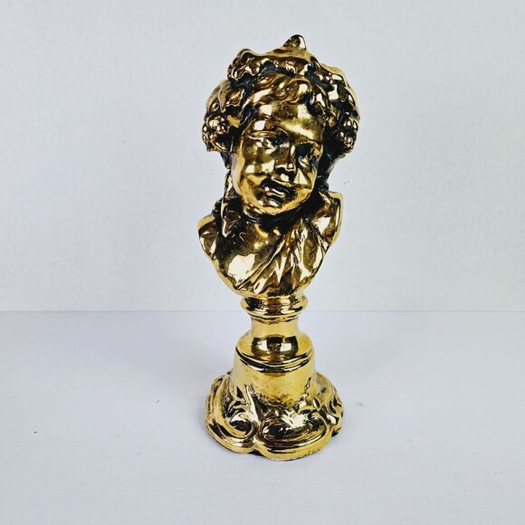 N/A Other - Vtg Shiney Gold Painted Cherub Baby Face Blue Felt Bottom Mini Bust Statue, 10"